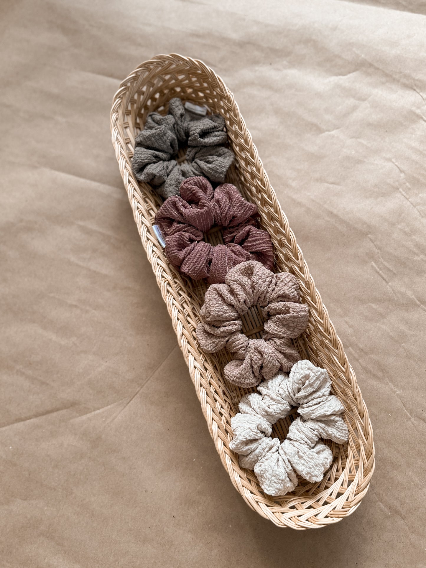 Neutral coloured textured scrunchie