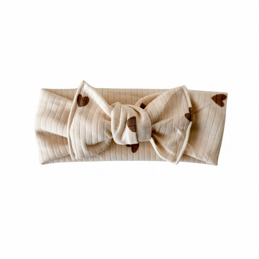 Cream with Hearts Rib Knit Tie Bow Headband