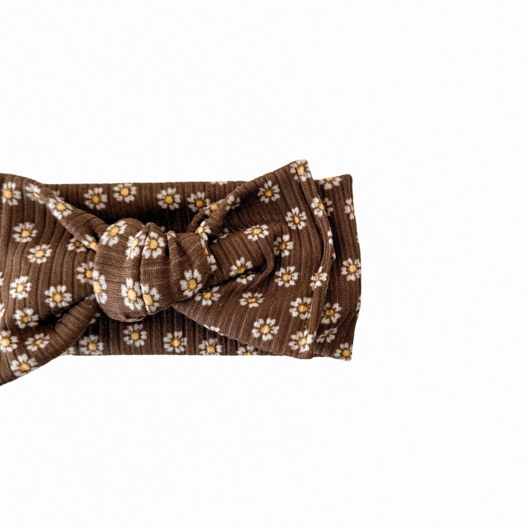 Brown Floral Rib Knit Tie Bow Headband