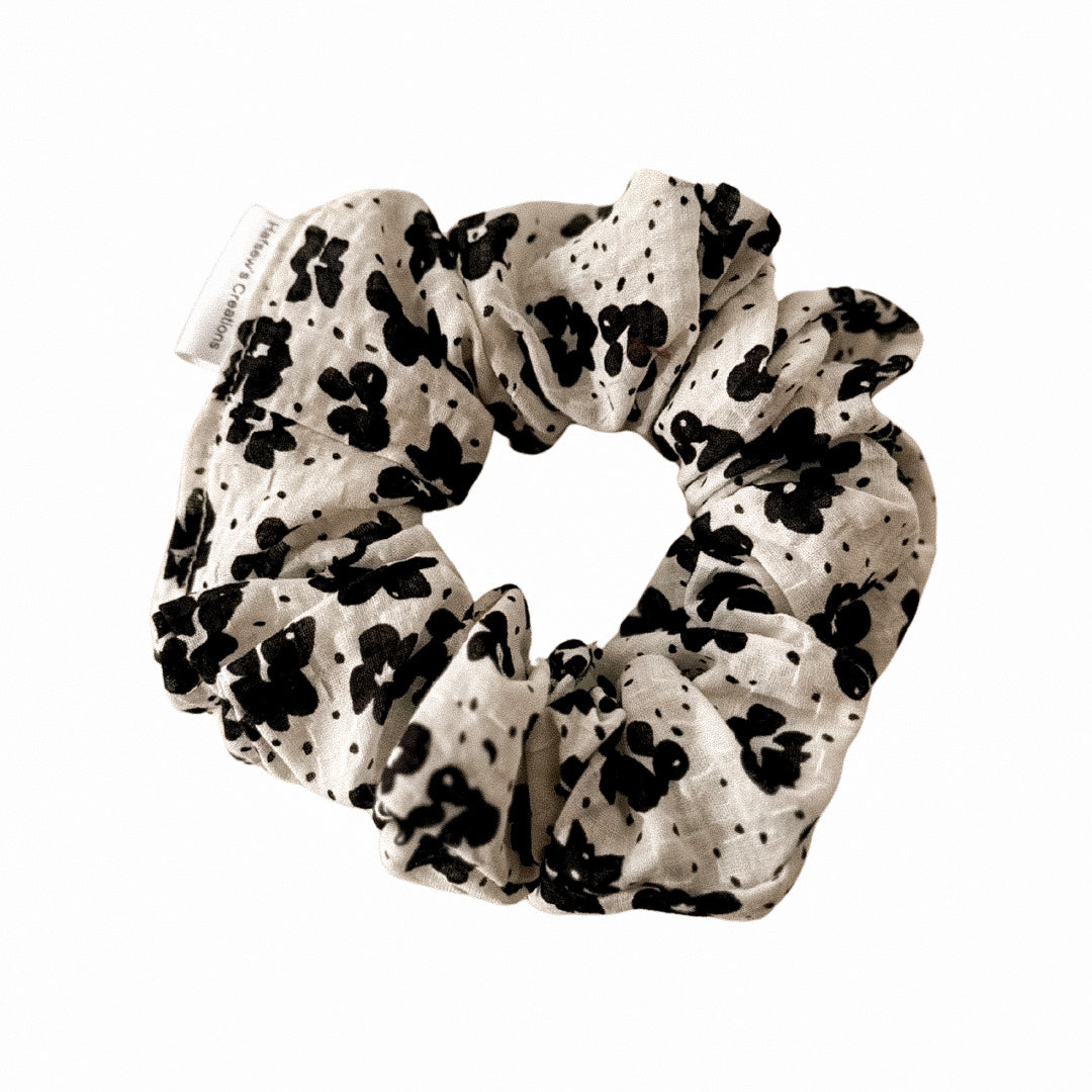 White with Black Floral Scrunchie