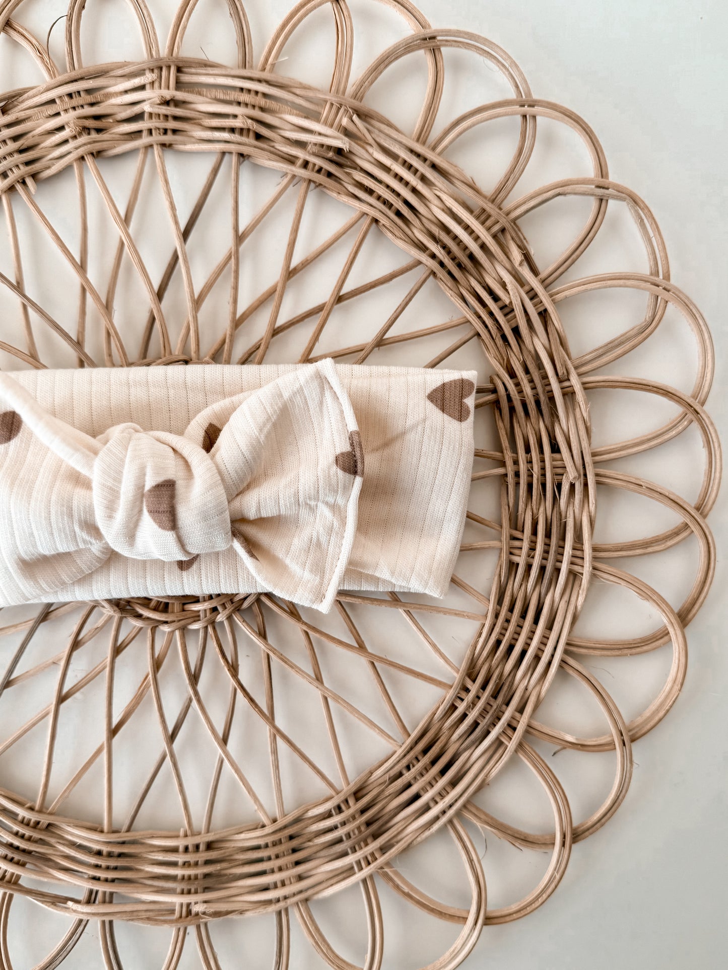 Cream with Hearts Rib Knit Tie Bow Headband