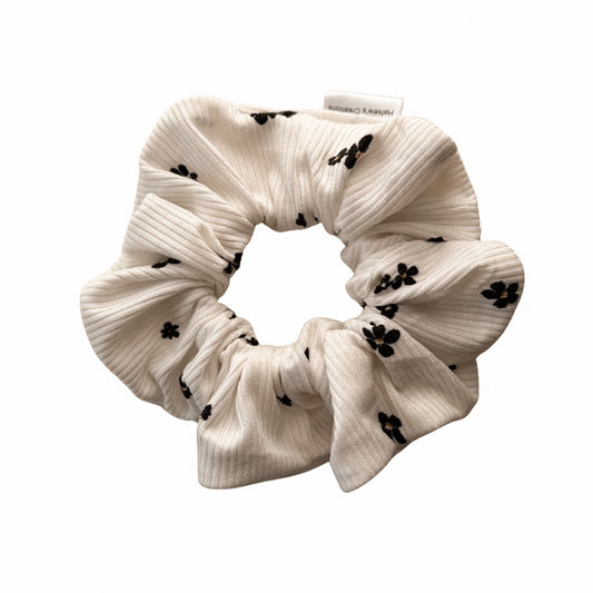 White with Black Floral Rib Knit Scrunchie