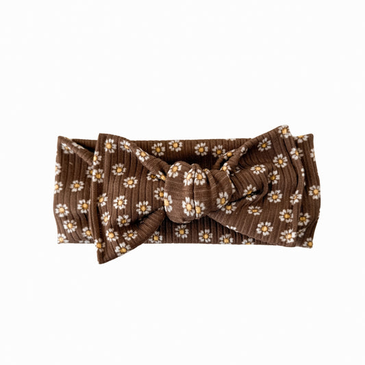 Brown Floral Rib Knit Tie Bow Headband