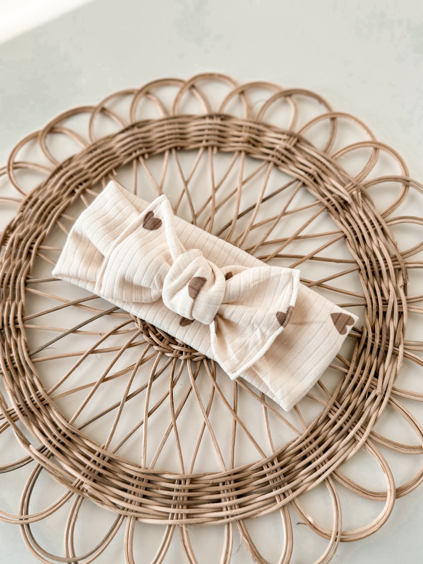 Cream with Hearts Rib Knit Tie Bow Headband