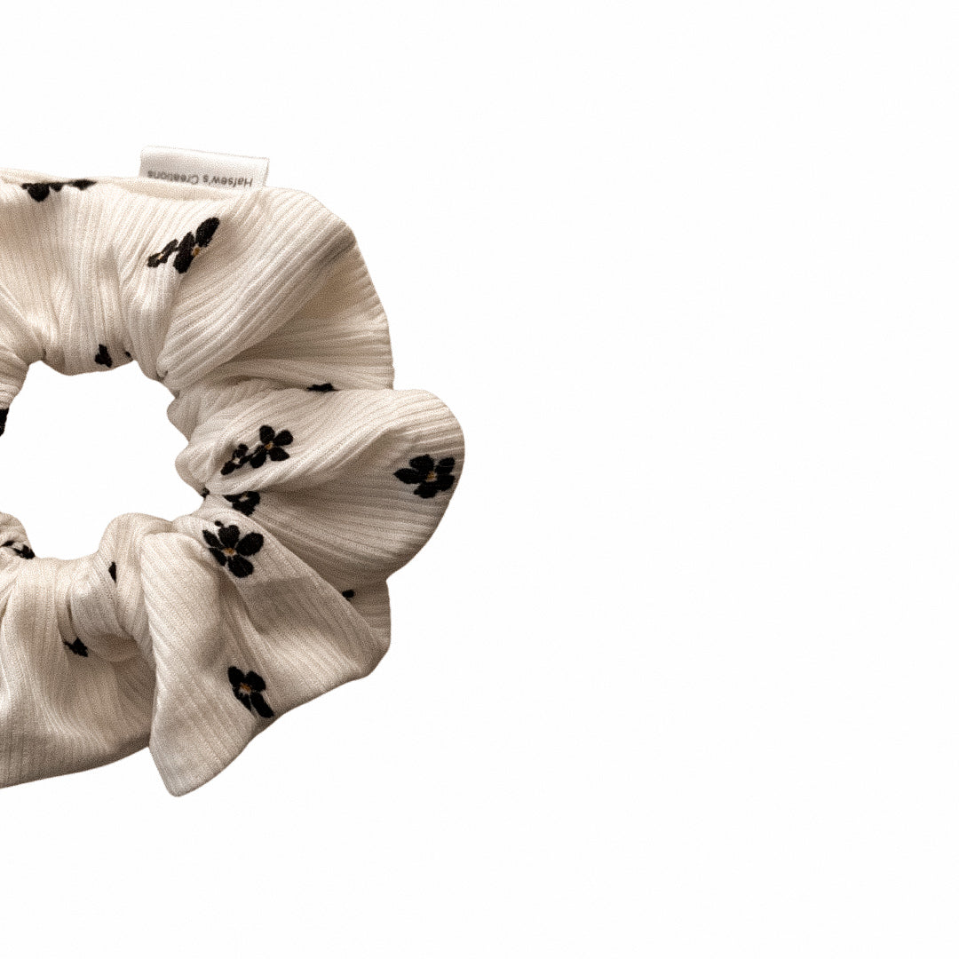 White with Black Floral Rib Knit Scrunchie
