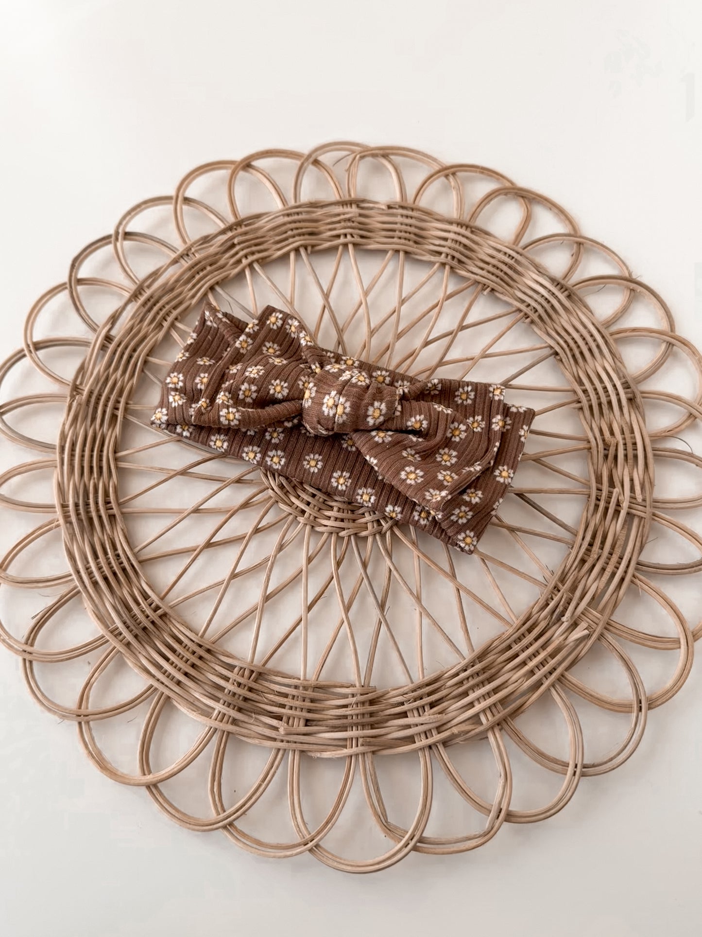 Brown Floral Rib Knit Tie Bow Headband