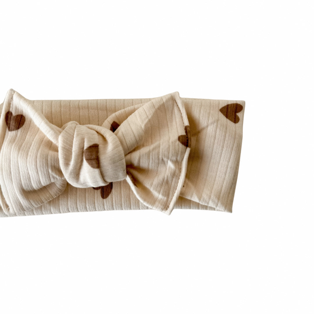Cream with Hearts Rib Knit Tie Bow Headband