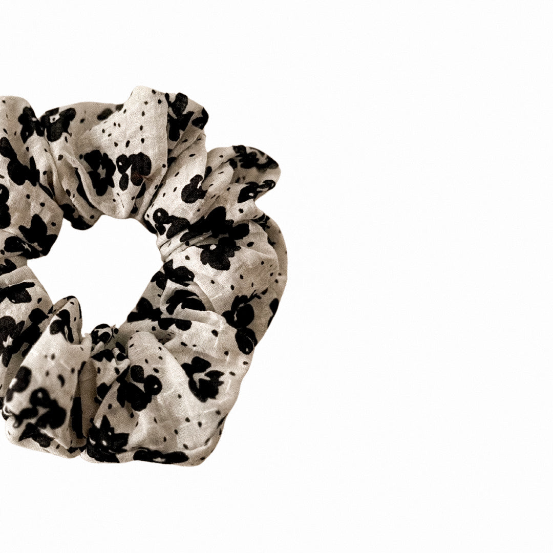White with Black Floral Scrunchie